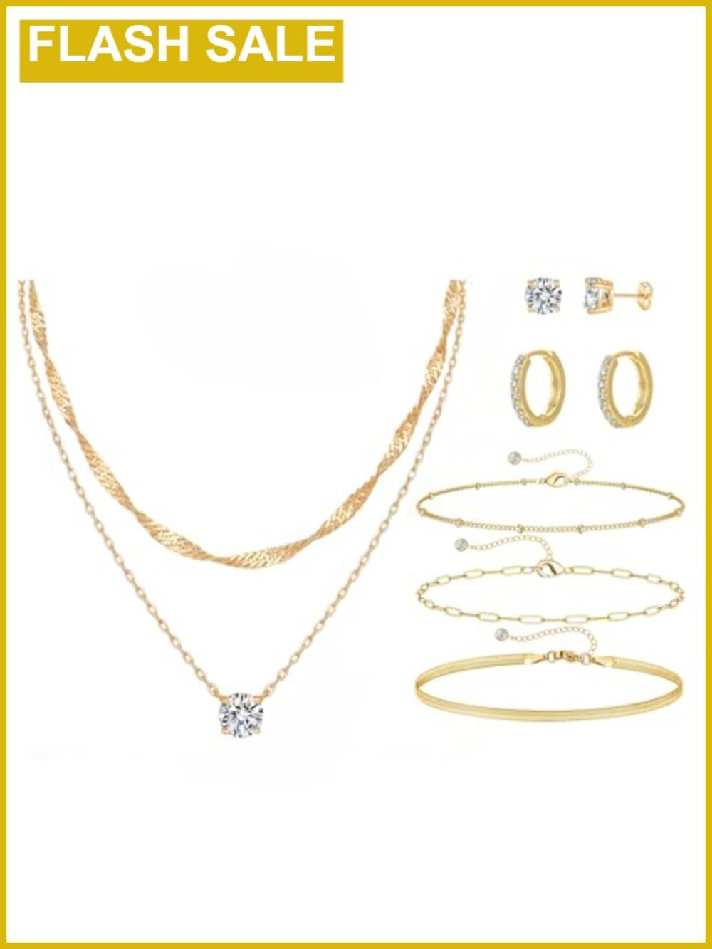 14K Gold Plated Brass Cubic Zirconia Necklace Bracelet Earrings Set